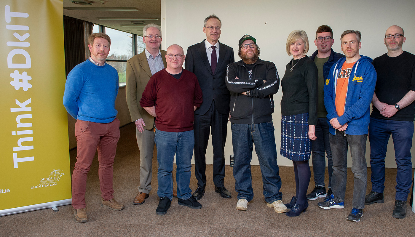 Hollywood Filmmaker, John Moore (centre) pictured with  DkIT President, Michael Mulvey, PhD and staff from the School of Informatics & Creative Arts during his recent visit to the Institute.